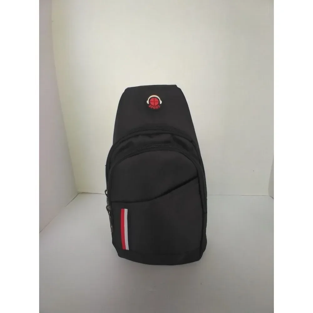 Sporty Black Crossbody Sling Bag Red White Stripe Detail Compact Travel Daypack‎